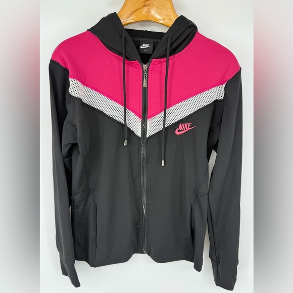 Vintage Nike Full Zip Track Jacket Black Pink Womens Large Swoosh Hoodie Y2K VTG - Picture 1 of 14
